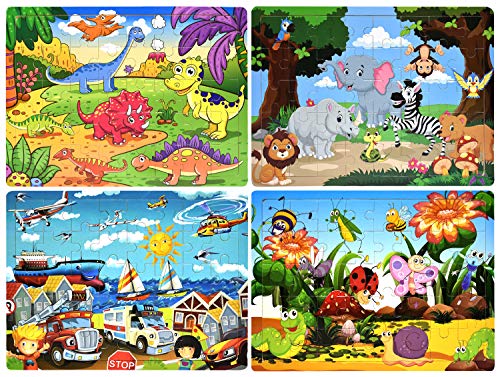 Wooden Puzzles for Toddlers Kids Ages 2-8, [40 Pieces] Preschool Jigsaw Puzzles Brain Development Educational Toys for Children, Set of 4 Theme - Dinosaur, Safari, Vehicles and Insect - Thumbnail 7