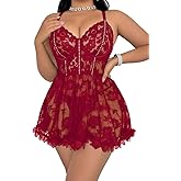 Mixxmix Plus Size Lingerie for Women Open Back Sexy Lingerie Dress Floral Lace Babydoll Chemise Lace Nightgown