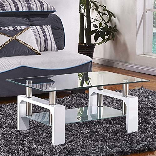 Mecor Rectangle Glass Modern Coffee Table with Shelf & Wood Legs Suit