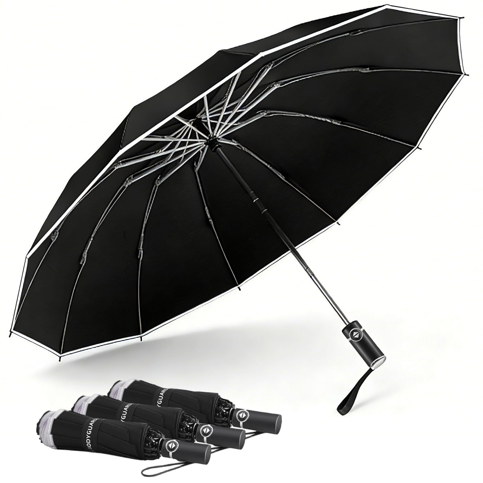 Bodyguard Inverted Umbrella Large Windproof Umbrellas for Rain Sun Travel Umbrella Compact with Reflective Stripe, Black-46 INCH Image