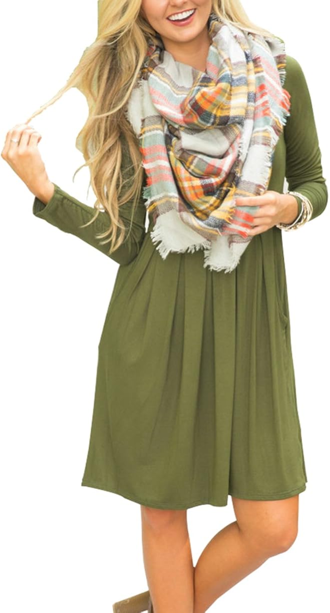 AUSELILY Women's Long Sleeve Pleated Loose Swing Casual Dress with Pockets Knee Length at  Women’s Clothing store