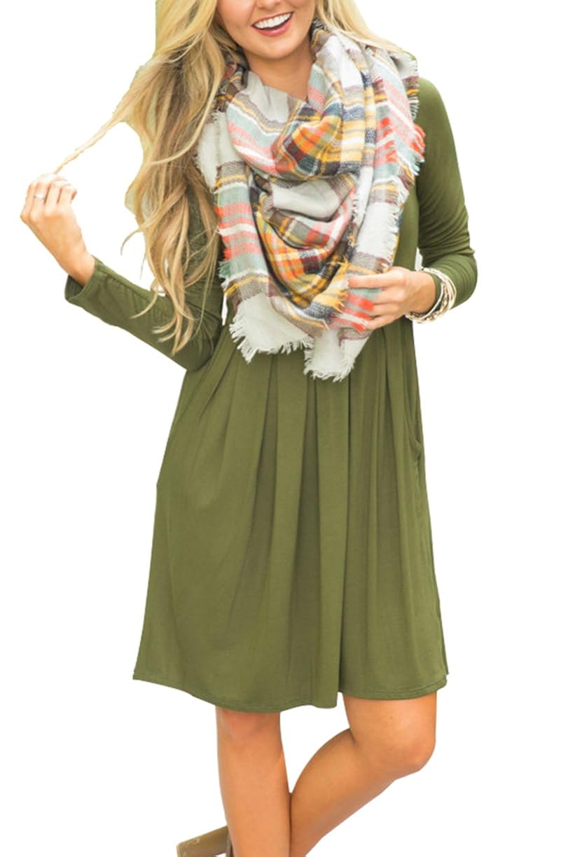 AUSELILY Women's Long Sleeve Pleated Loose Swing Casual Dress with Pockets Knee Length AUSELILY Women's Long Sleeve Pleated Loose Swing Casual Dress with Pockets Knee Length