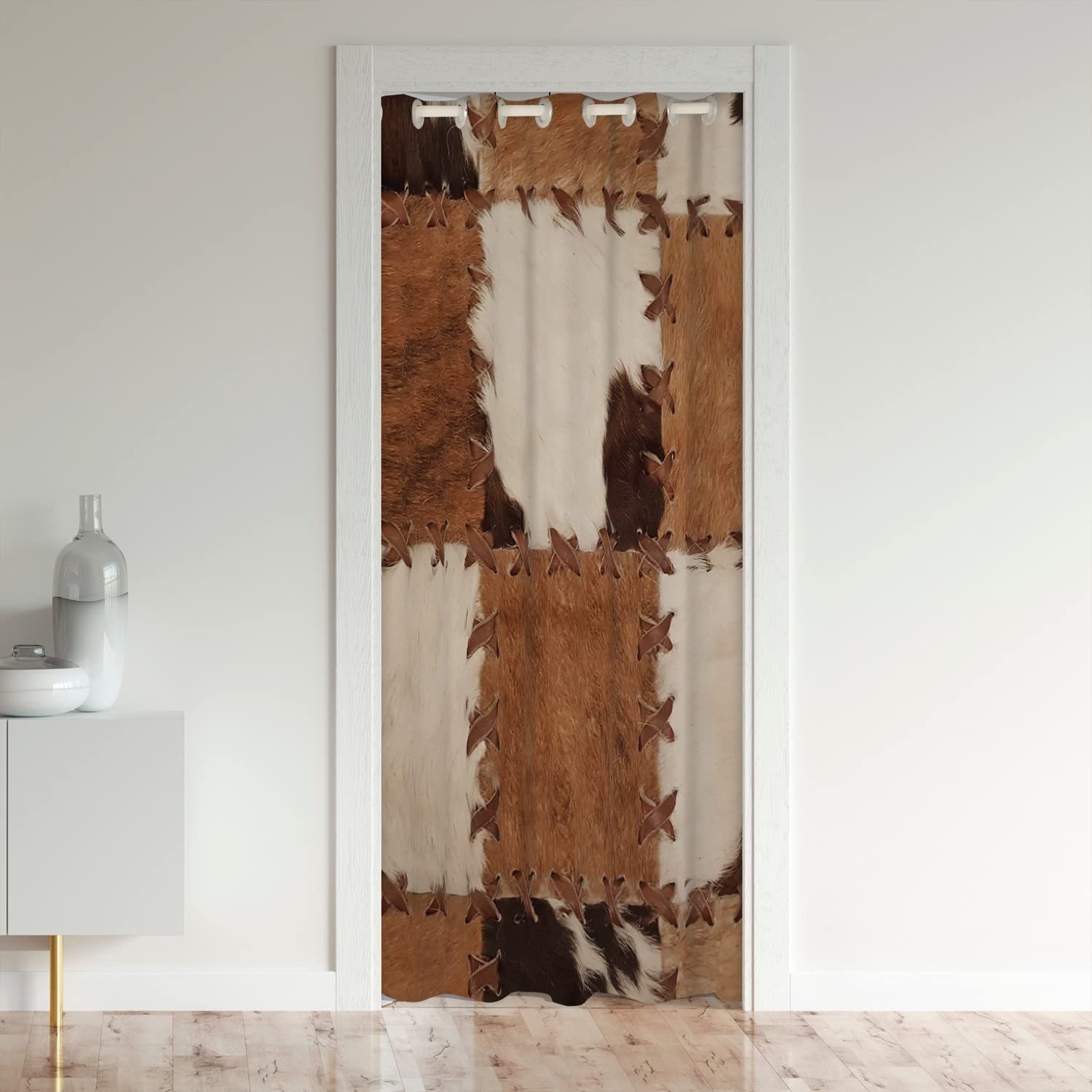 Loussiesd Cow Fur Door Curtain for Doorway Privacy 132x203cm Cowhide Decorative Door Curtain for Doorway Privacy Home Decor Farmhouse Western Farm Animal Skin Plaid Grid Cowboy Window Treatments