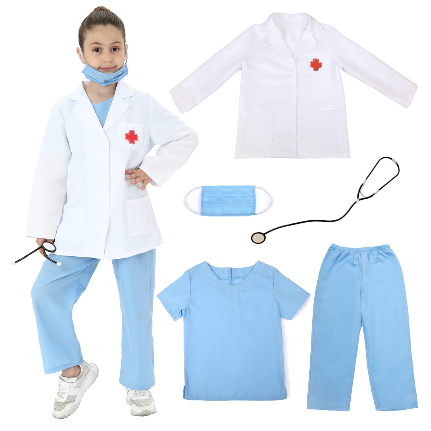 Wiclin 5pcs Kids Doctor Costume Role Play Fancy Dress up for Boys and Girls with Stethoscope(M 7-9 Years) — image 1