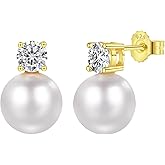 BREN Freshwater Pearl & Moissanite Earrings for Women, 925 Sterling Silver Moissanite Hypoallergenic Stud Earrings for Wedding Anniversary Jewerly Gifts for Women Wife Bride