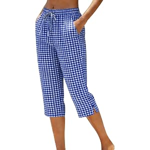 Linen Capris for Women Fashion Stripe and Gingham Pants Drawstring Elastic High Waist Summer Trousers with Pocket