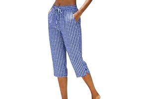 Zzalalana Women's Plaid Capri Pants Cotton Linen Casual Summer Capris Side Slit Drawstring Cropped Pants with Pockets