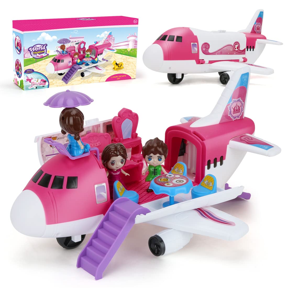 Boderam Pink Airplane Model Toy Transport Cargo Playset Children's Educational Toys for Kids Girls, Large Aircraft Plane With Beauty Dresser Table, Princess and Stickers