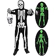 qqpouc Halloween Skeleton Costume for Kids,Both Sides Glow in The Dark, Skeleton Jumpsuit with Skeleton Bag
