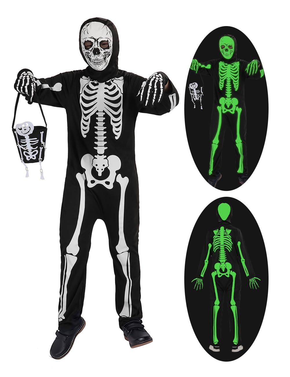 Photo 1 of Halloween skeleton costume kids,glow in the dark skeleton costume on both sides skulls candy bag for boys and girls ages 5-7