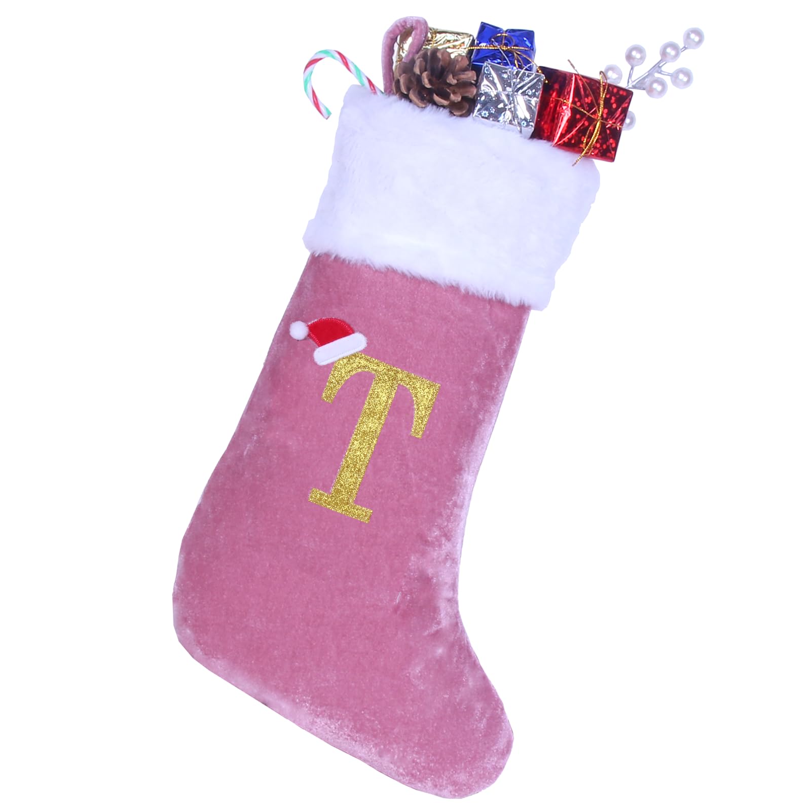 Photo 1 of 20 Inches Monogram Christmas Stockings with Letters, Large Super Soft Christmas Stockings Pink Velvet with White Super Soft Plush Cuff for Xmas Tree Holiday Fireplace Gold Letter T