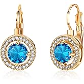 Austrian Crystal Halo Round Drop Leverback Earrings for Women 14K Rose Gold Plated Hypoallergenic Jewelry