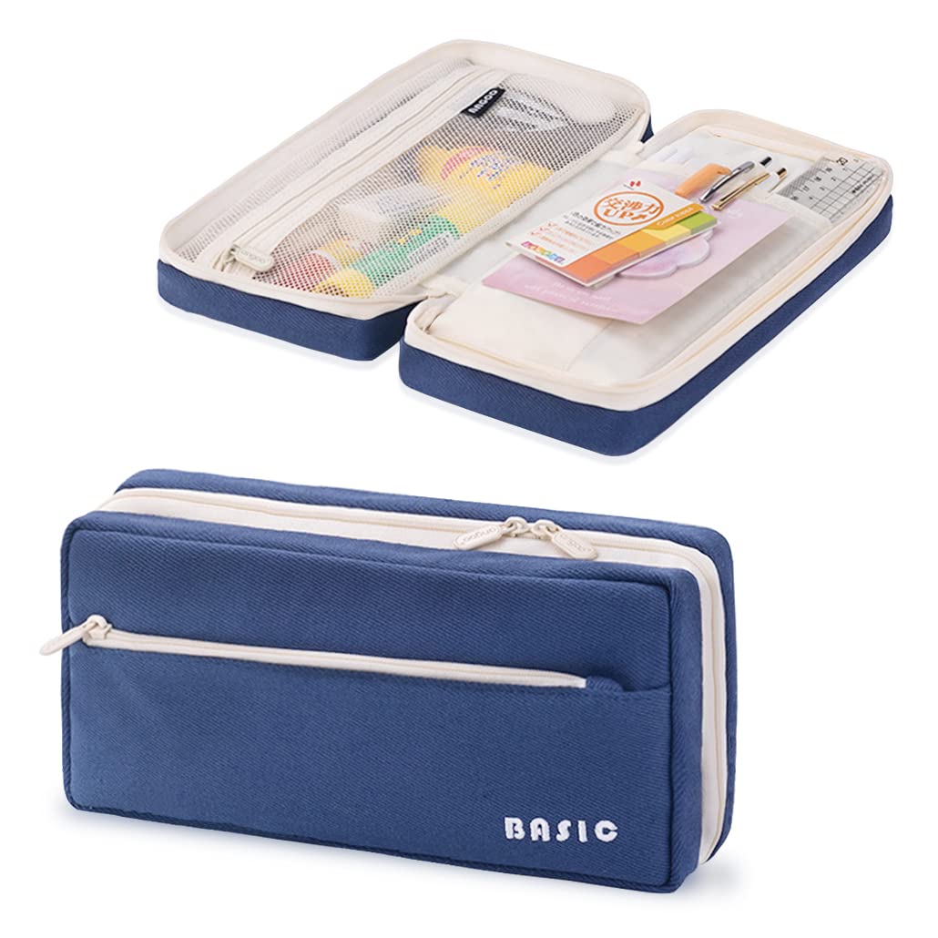 iSuperb Big Capacity Pencil Case Large Canvas Cosmetic Bag Travel Toiletry Bag Colorful Pen Holder with 3 Zippers Pencil Bag with 4 Compartments School Stationery Storage Bag (Dark Blue)