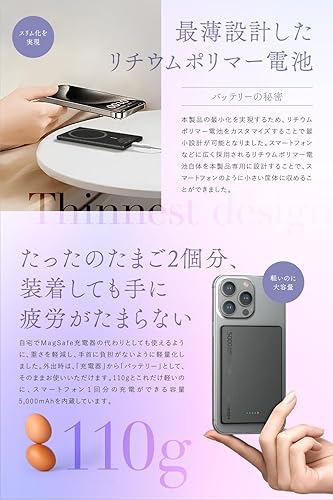 MATECH モバイルバッテリー マグセーフ 超薄型 小型 軽量(史上最薄6.9mm, 5000mAh)【MagSafe対応マグネット式/最大出力15W ワイヤレス/タイプC PD22W/iPhone12~16対応】 (ブラック) - サムネイル 4