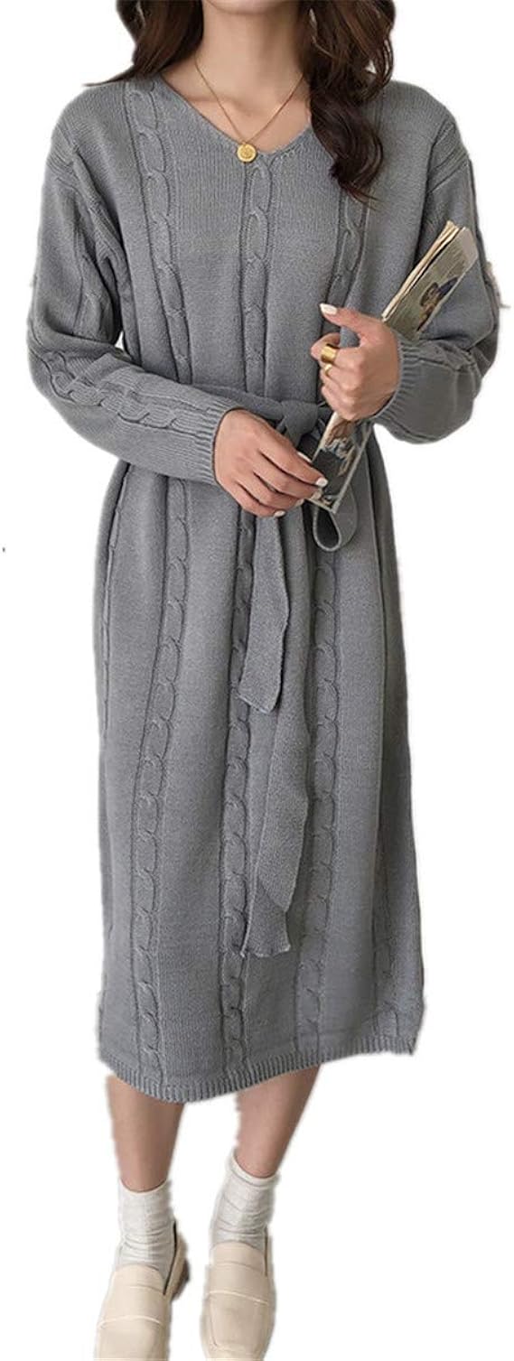 Amazon Co Jp Snolyni ニットワンピース ニットワンピ ワンピース ケーブル編み レディース ニット セーター チュニック ゆったり 秋冬 体型カバー 大きいサイズ フリーサイズ 韓国ファッション グレー 服 ファッション小物