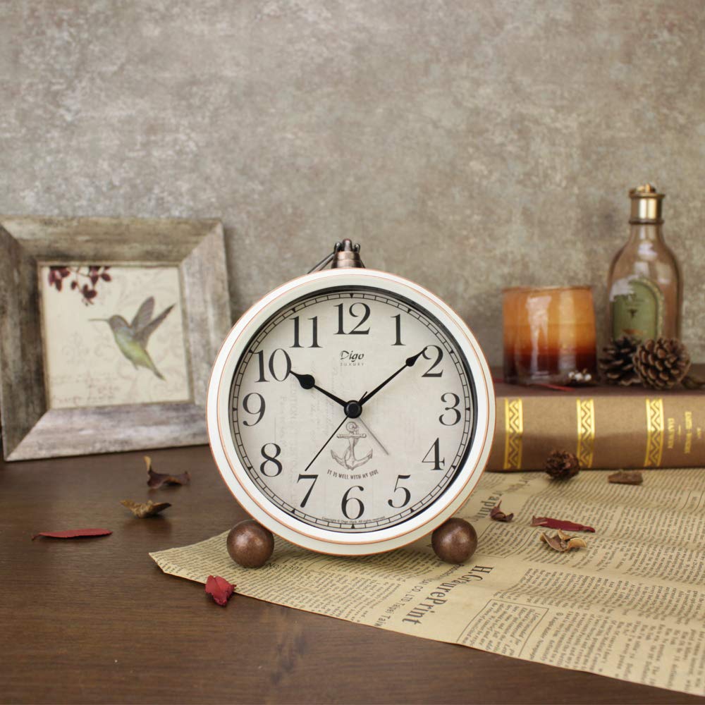 Justup Alarm Clock, 5.2 Inch White Vintage Retro Desk Analogue Quartz Clock with No Ticking, Silent, Battery Operated Quartz Movement, HD Glass for Bedroom/Living Room/Children (White)