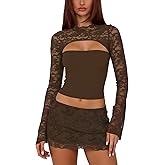 FWBBG Womens Sexy 2 Piece Mini Skirt Set Long Sleeve Lace Cutout Top Double Lace Mini Bodycon Skirt Y2K Going Out Outfits