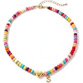 Elystara Initial Necklace for Girls, Beaded Initial Necklace with Heart Pendant, Colorful Beaded Necklace Bubble Letter Necklace, Adjustable Necklace for Teen Girls Kids Women, Birthday Gift
