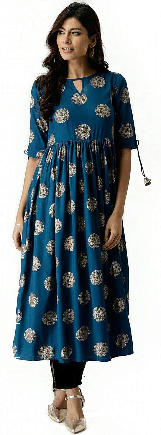 AnjuShree Choice Women Stitched Gold Printed Dark Sky Blue Cotton Anarkali kurti Kurta