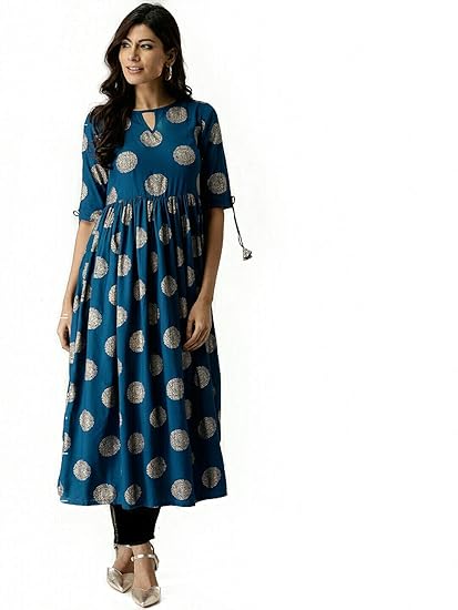 Women Stitched Gold Printed Dark Sky Blue Cotton Anarkali kurti Kurta