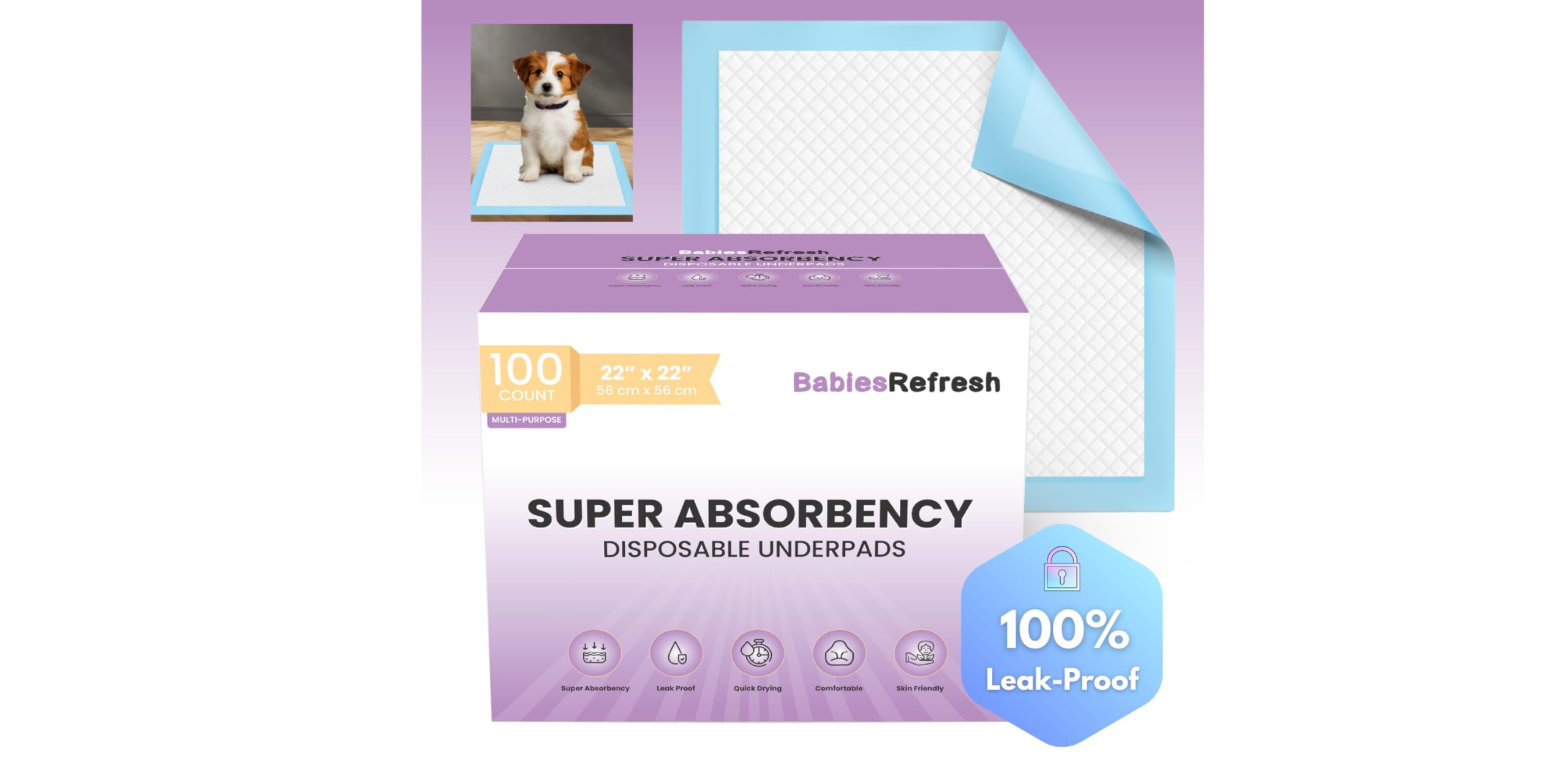 Photo 1 of 100 Count Super Absorbency Medium 22” x 22" Disposable Underpads, Leakproof Quick Drying for Multi-use for Babies, Puppy Pads and Adults, Potty Training Pads, Pet Pee Pads, Cat Pee Pads, Blue