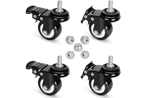 8T8 2 Inch Caster Wheels with Brake, PU Casters Set of 4, Heavy Duty, 3/8”-16x1”(Screw Diameter 3/8", Length 1") Threaded Stem Swivel Casters, Mount Industrial Castors, Multi Nuts Choice
