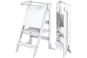 SAUCE ZHAN Toddler Tower Foldable with 3 Adjustable Heights & Double-Sided Drawing Board, Montessori Kitchen Step Stool Helper, Learning Stool with Safety Rail, Standing Tower for Counter Bathroom Sink (White)