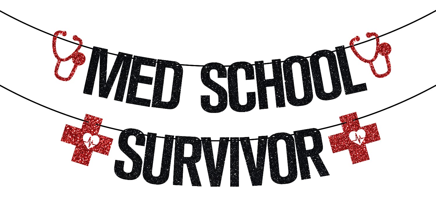 Photo 1 of Med School Survivor Banner, Congrats Doctor Banner, 2025 Doctor Graduation Decorations, Medical School Party Decoration Supplies Black Glitter