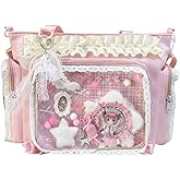Kawaii Ita Bag with Clear Display Window, Soft Lace Ruffle Trim Shoulder Purse,Multi-Pocket Crossbody Tote for Anime Cosplay