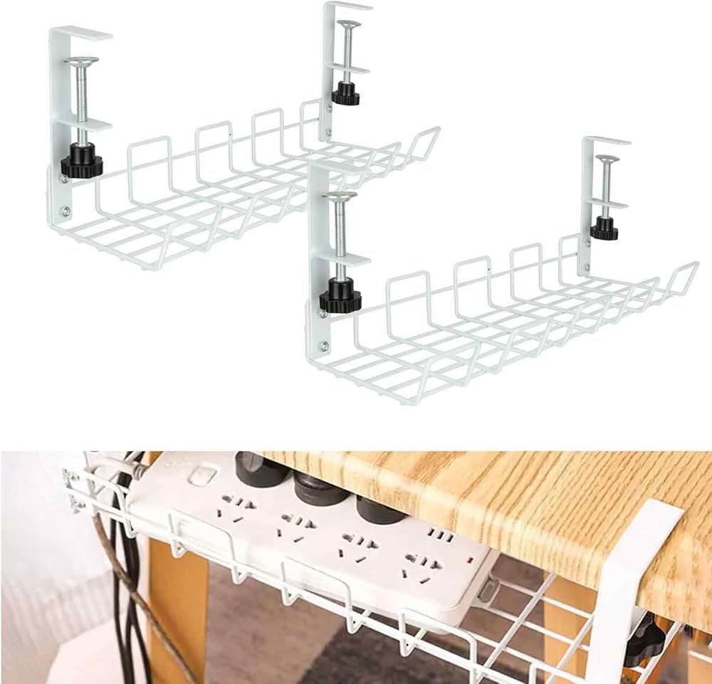 CYEER 2PCS White Under Desk Cable Management Tray No Drill Clamp Mount Metal