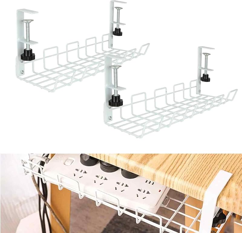 CYEER 2PCS White Under Desk Cable Management Tray No Drill Clamp Mount Metal