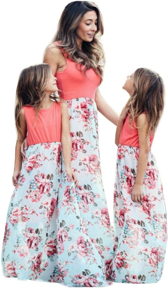 Bai You Mei Mommy and Me Dresses Summer Sleeveless Striped Floral Print Casual Tank Dress