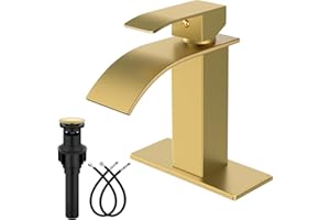 Midanya Brushed Gold Bathroom Faucet with Waterfall Spout, Single Hole or 3-Hole Deck Mount, 304 Stainless Steel Sink Faucet with Pop-Up Drain, RV Vanity Compatible