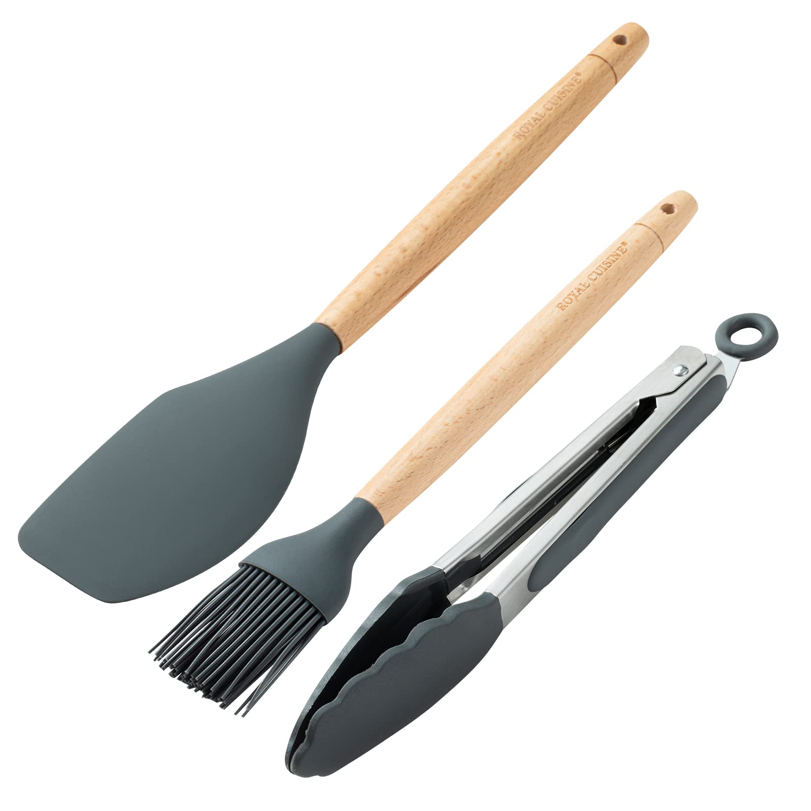 Royal Cuisine 3 pc Silicon Kitchen Set - Red, Tongs, Spatula, BBQ Brush, Wooden Handle & Heat Resistant Grey/Red