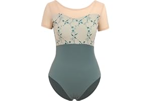 IBAKOM Ballet Leotard for Women Floral Mesh Short Sleeve Dance Leotard Adult Ballerina Outfits Active Gymnastics Leotards
