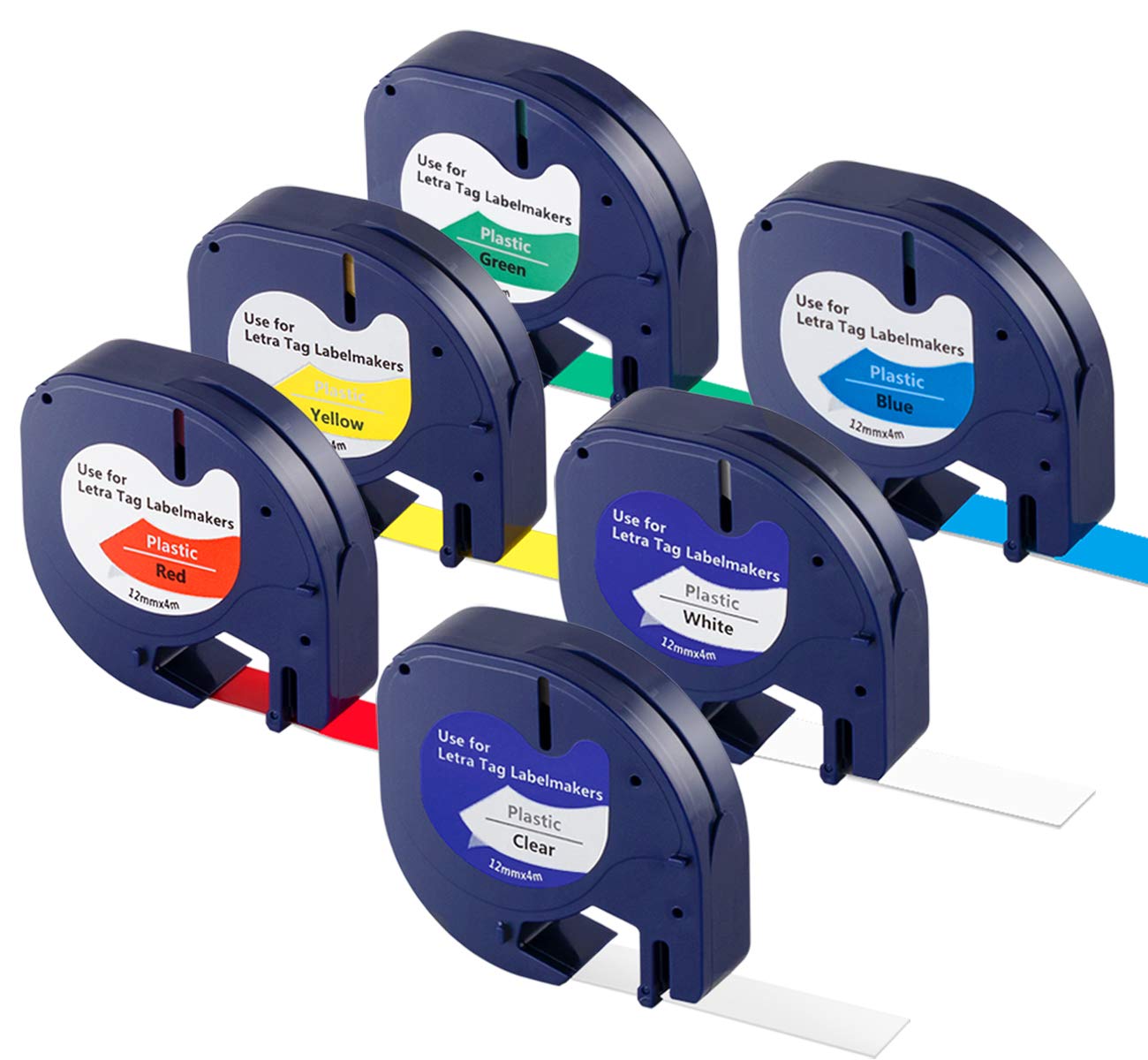 ABSOFINE 6Pcs LetraTag Label Plastic Colorful, 12 mm x 4 m Roll, Black on Transparent/White/Yellow/Red/Blue/Green, Replacement Label Tape
