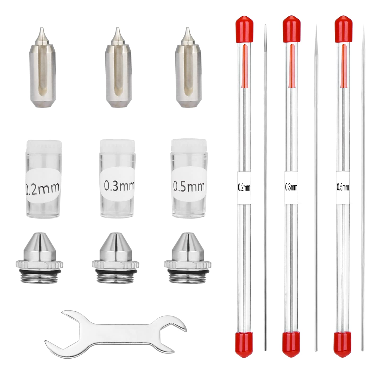 NEOECO 18 Pieces Airbrush Nozzle Cap Kit Airbrush Needle Replacement Parts with Wrench and Airbrush Cleaning Kit Replacement Part for NEOECO SJ83 Airbrush Sprayer Accessories, 0.2/0.3/0.5 mm
