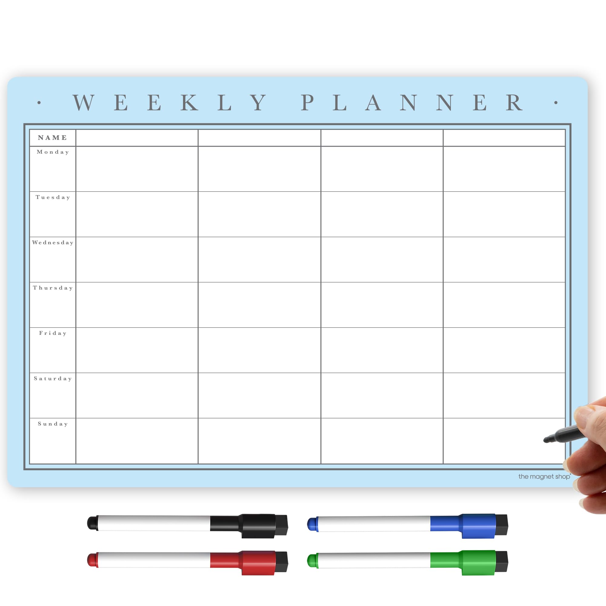 The Magnet Shop A4 Magnetic Weekly Planner and Organiser – Fully Customisable Whiteboard for Family or Business Tasks and Meal Planning - with 4 Free Magnetic Dry Wipe Pen (Duck Egg Blue, A4)