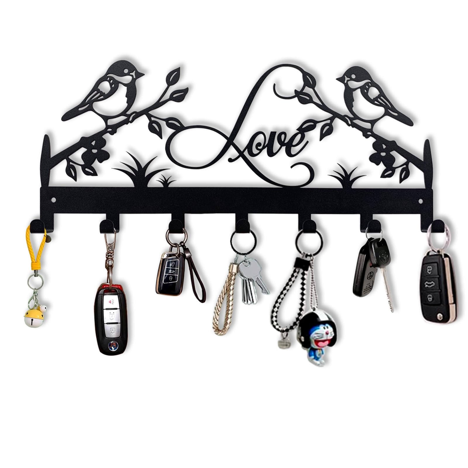 CatTerranM Metal Key Holder, Wall Mounted Key Hooks, Key Holder for Wall, Key Organizer Rack with 7 Hooks, Key Hanger Decor for Kitchen, Entryway, Hallway, Bedroom, Doorway (Birds 12IN)