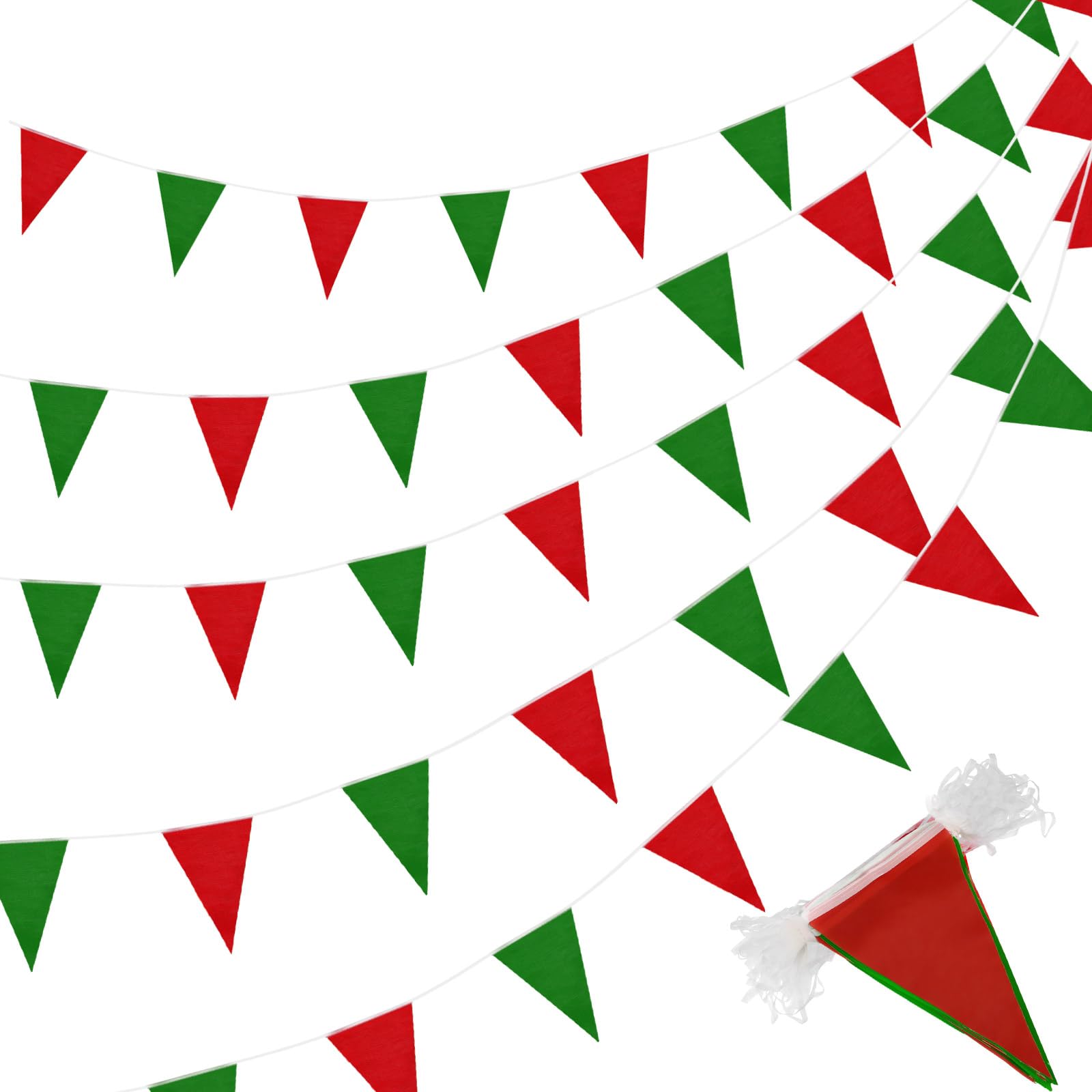 Photo 1 of Tatuo 200 Feet Solid Pennant Banners Flags String Triangle Hanging DIY Bunting Flags Party Decorations for Grand Opening Party Banners for Kids Birthday, Shops (Red and Green)