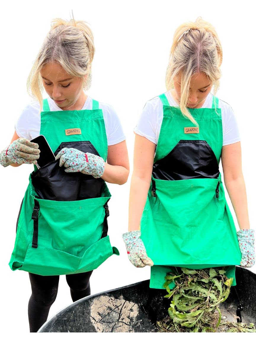 Grampa's Garden Apron - Cross Back Gardening Apron With Pockets For Women & Men | Harvest Apron with Large Kangaroo Pouch (Green)