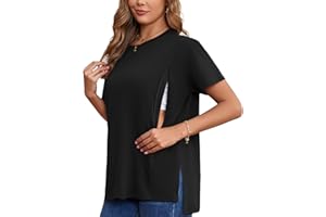 Ecavus Women's Oversized Nursing Shirts for Breastfeeding with Hidden Zipper Short Sleeves Side Splits Maternity Tops