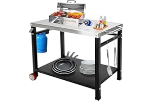SGOLAN Grill Cart Outdoor Pizza Oven Stand Dining Cart Table with Wheels Hooks and Side Handle Movable Outdoor Cooking Table for Pizza Oven, Patio Grilling Backyard BBQ Grill