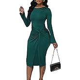 Twist Front Wrap Long Sleeve Dress for Women Button Decoration Ruched Midi Party Dresses
