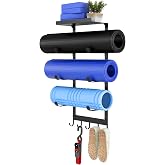 LSK Yoga Mat Holder Wall Mount, 4-Tiers Yoga Mats Storage, Black | Home Gym Storage Rack with Floating Shelf for Storing Fitn