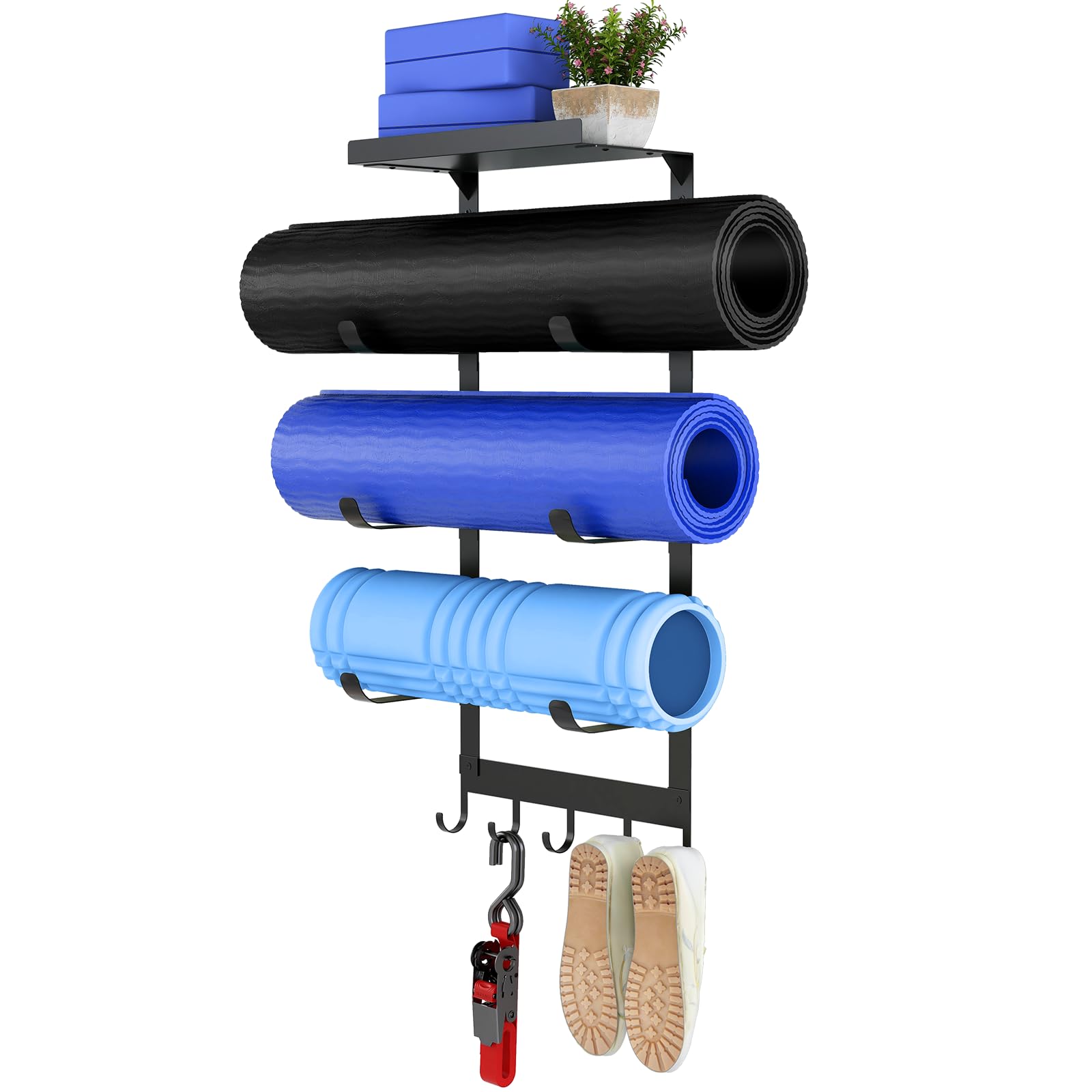 Photo 1 of LSK Yoga Mat Holder Wall Mount, Black Yoga Mats Storage Rack, Home Gym Storage with Metal Floating Shelf for Storing Fitness, Yoga Mat Rack with 5 Hooks for Hanging Foam Rollers and Resistance Bands
