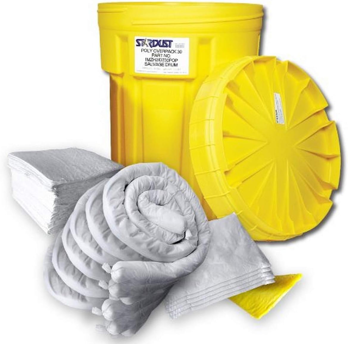 Stardust Spill Products 930P 30 Gallon Oil Only Spill Kit Includes 30 Gallon Bright Yellow Overpack Drum, 40 Oil-Only Sorbent Pads, 6 Oil-Only Sorbent Socks 3"x8', 5 Oil-Only Sorbent Pillows 9x15, 1 Pair Nitrile Gloves, 4 Heavy Duty Disposal Bags