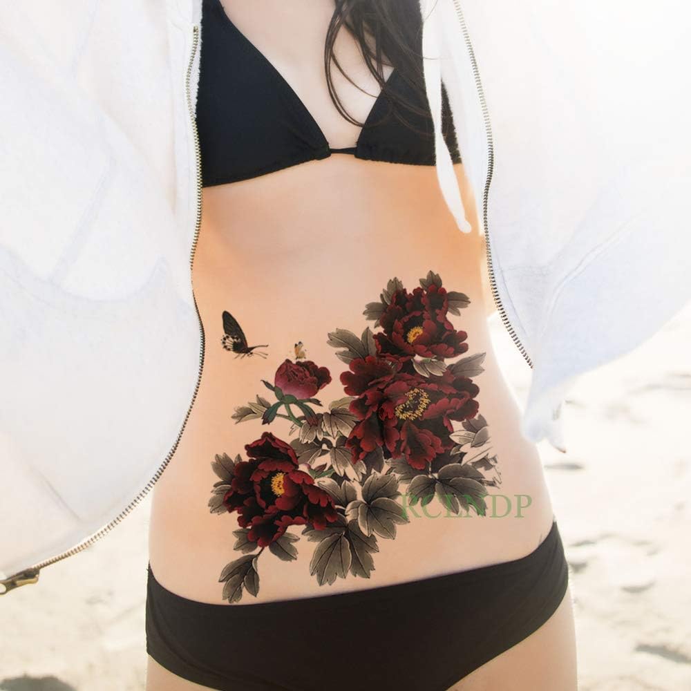 tzxdbh 3Pcs-Waterproof Temporary Tattoo Sticker Peony Flower Butterfly Tatto Tatoo on Body Back belly big size for Women Men girl 3Pcs