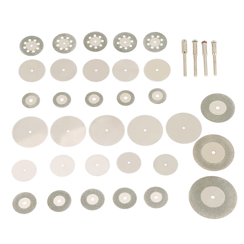 37 pcs Cutting Disc, Saw Blades and Mandrel set made of Diamond and Stainless Steel for Many Electric Rotary Tools 16 mm, 20 mm, 22 mm, 25 mm, 30 mm, 32 mm