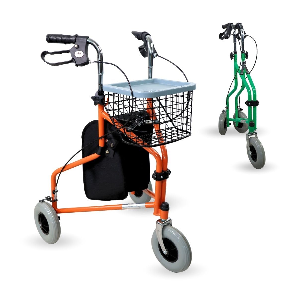 Mobiclinic®, Foldable Walker, 3 Wheels, Caleta, Basket with lid and Bag, Brakes on Handles, Height Adjustable, Spanish Brand, Lightweight, manoeuvrable Structure, Small Wheels, Orange